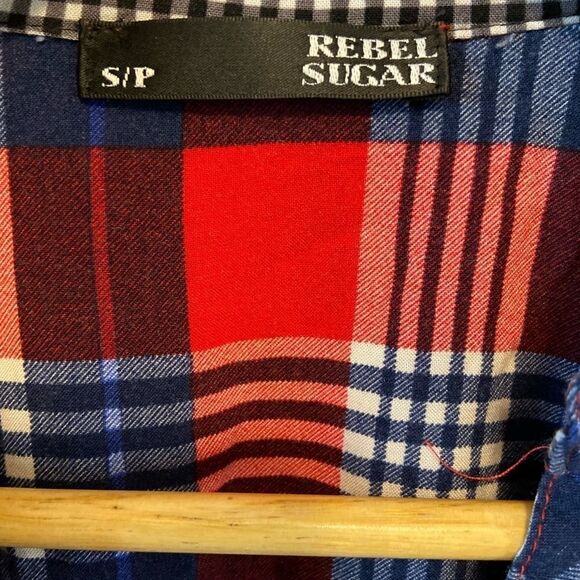 REBEL SUGAR Red&Blue Plaid Lightweight Button Up Collared Casual Top S - Picture 8 of 8